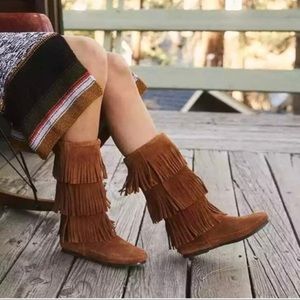 Minnetonka, 3 layer, Fringe boots, brown, moccasin, suede, mid-calf - 8